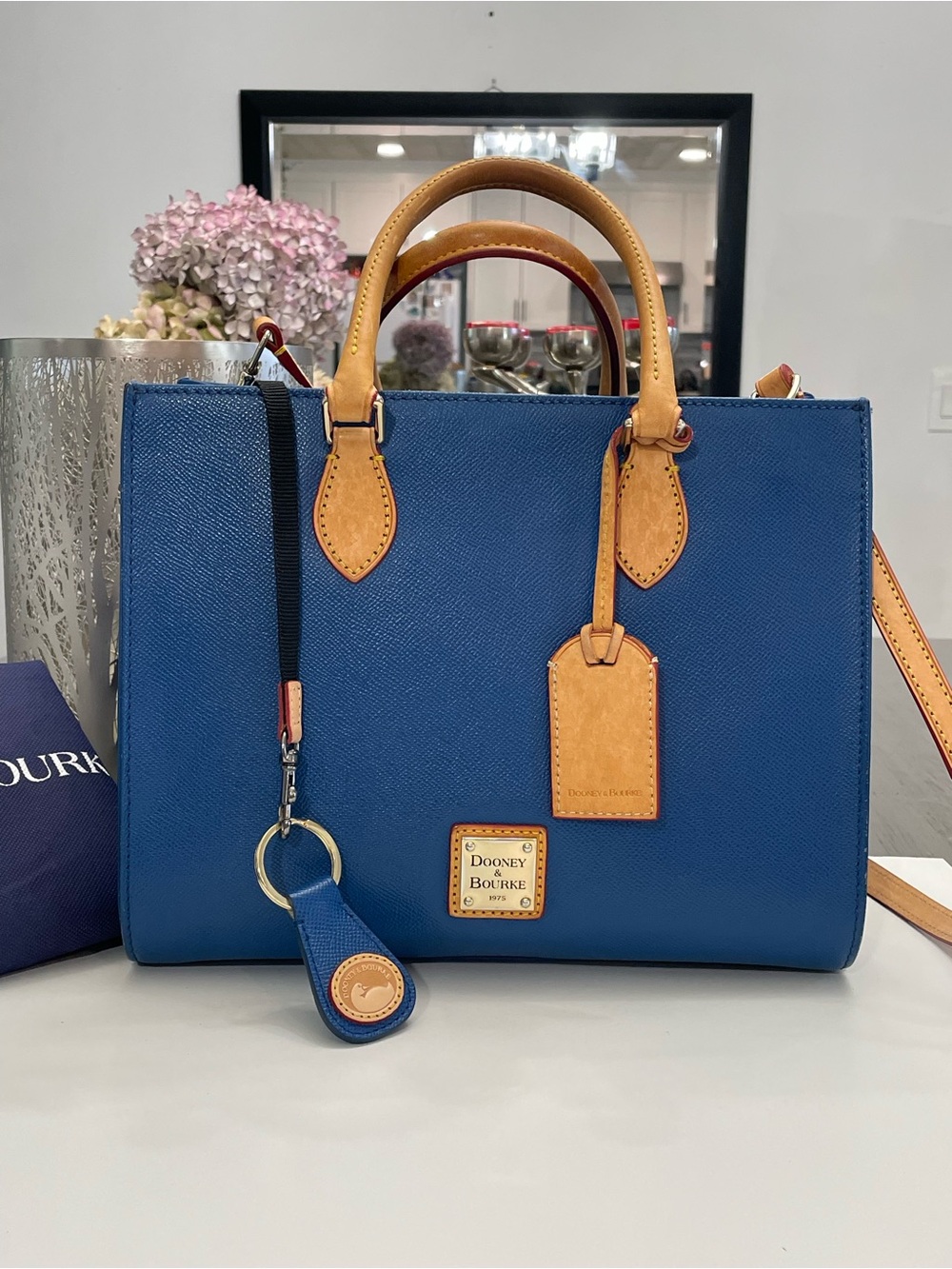 Dooney & Bourke Blue Saffiano Satchel with Tan Trim